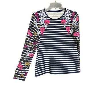 Talbots Womens Navy White Striped Pink Floral Sleeve Knit Tee T Shirt Sz M